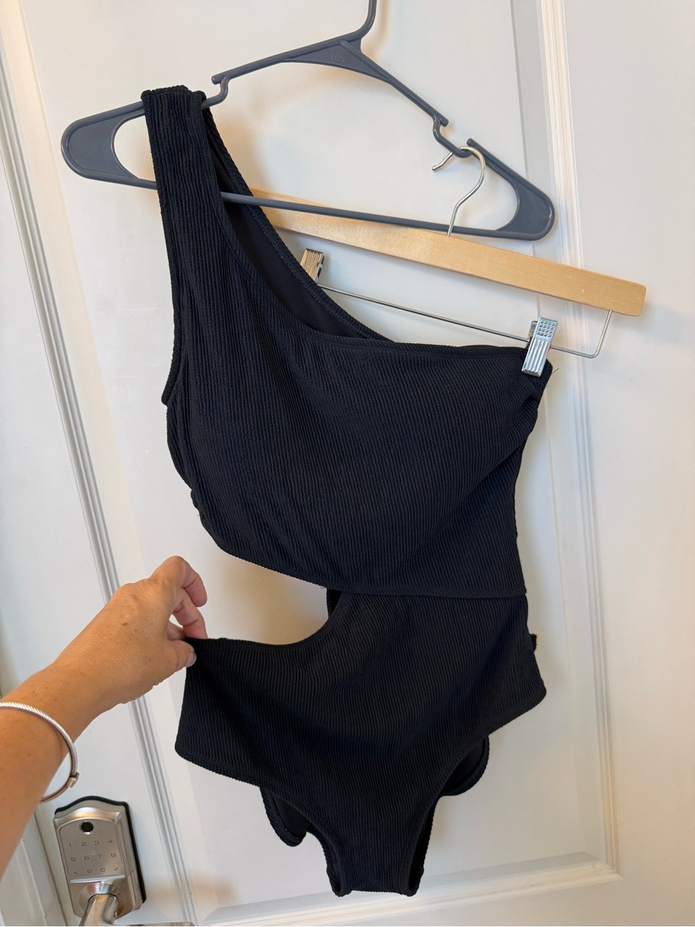 MICHAEL Michael Kors Black One-Shoulder Cutout Ribbed Swim Suit